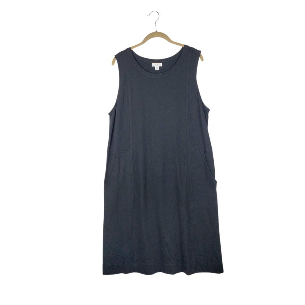 J Jill Sleeveless Black Midi Dress Marled Cotton Blend Pockets Womens LT L Tall